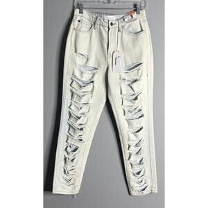 Nature Denim Jeans Mom 7/27 High Rise Distressed Stone Wash‎ Cropped Edgy Grunge